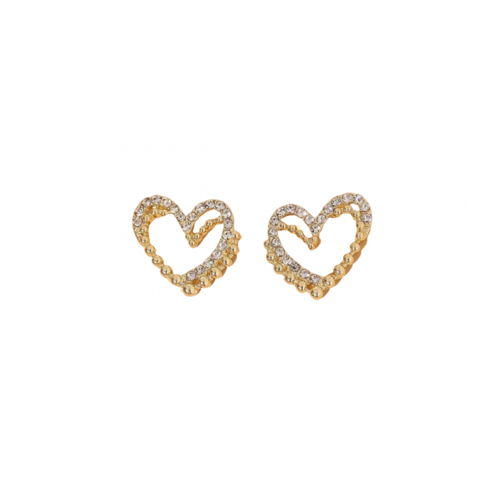Brinco Bia de coração duplo cravejado e de micro bolinhas banhado a ouro 18k