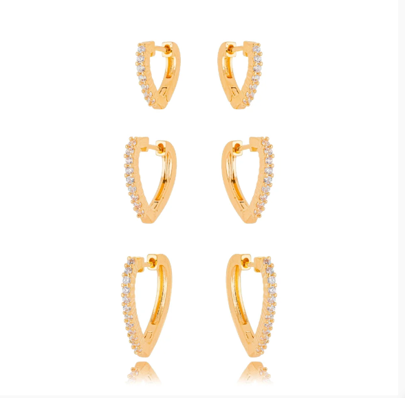 Trio de brinco Mariana em formato de coração cravejado com zircônia banhado no ouro 18k 