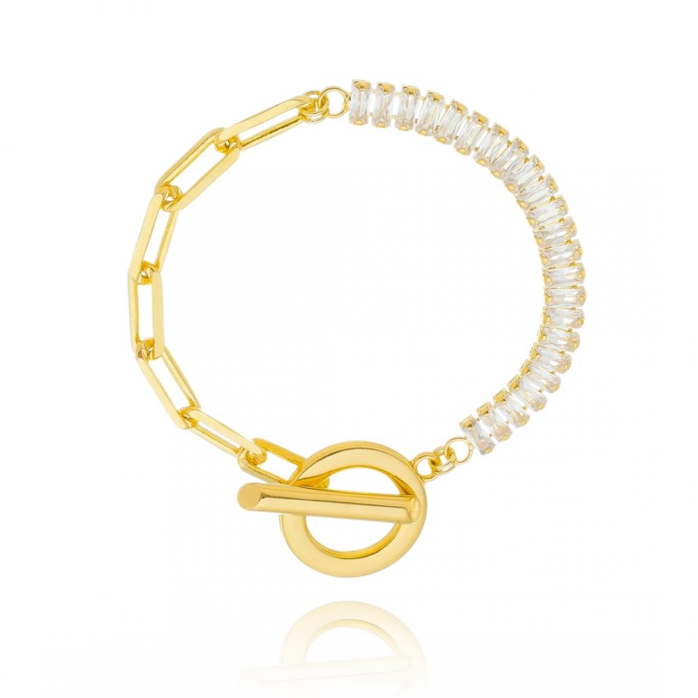 Pulseira Natalia fecho T com corrente retangular e riviera banhado a ouro 18k