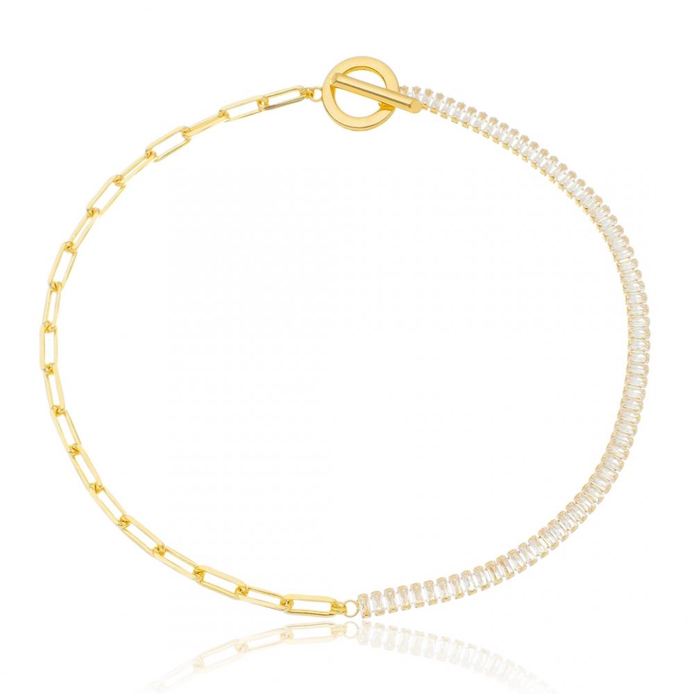 Colar Natalia fecho T com corrente retangular e riviera banhado a ouro 18k
