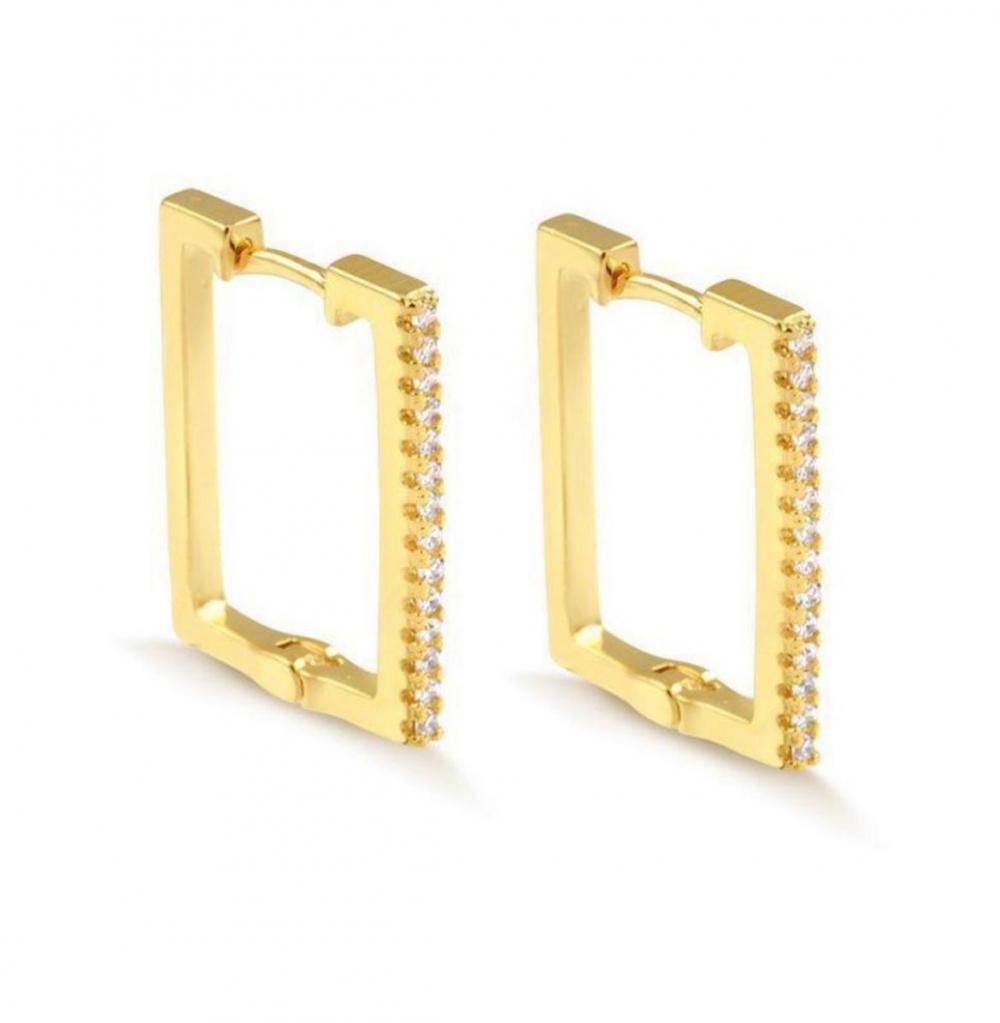 Brinco Ana de argola quadrada cravejada banhada no ouro 18k