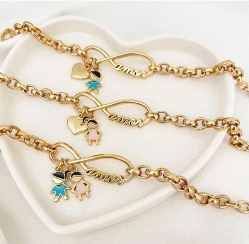 Pulseira símbolo do infinito amor com boneco personalizado na corrente elo português banhado a ouro 18k
