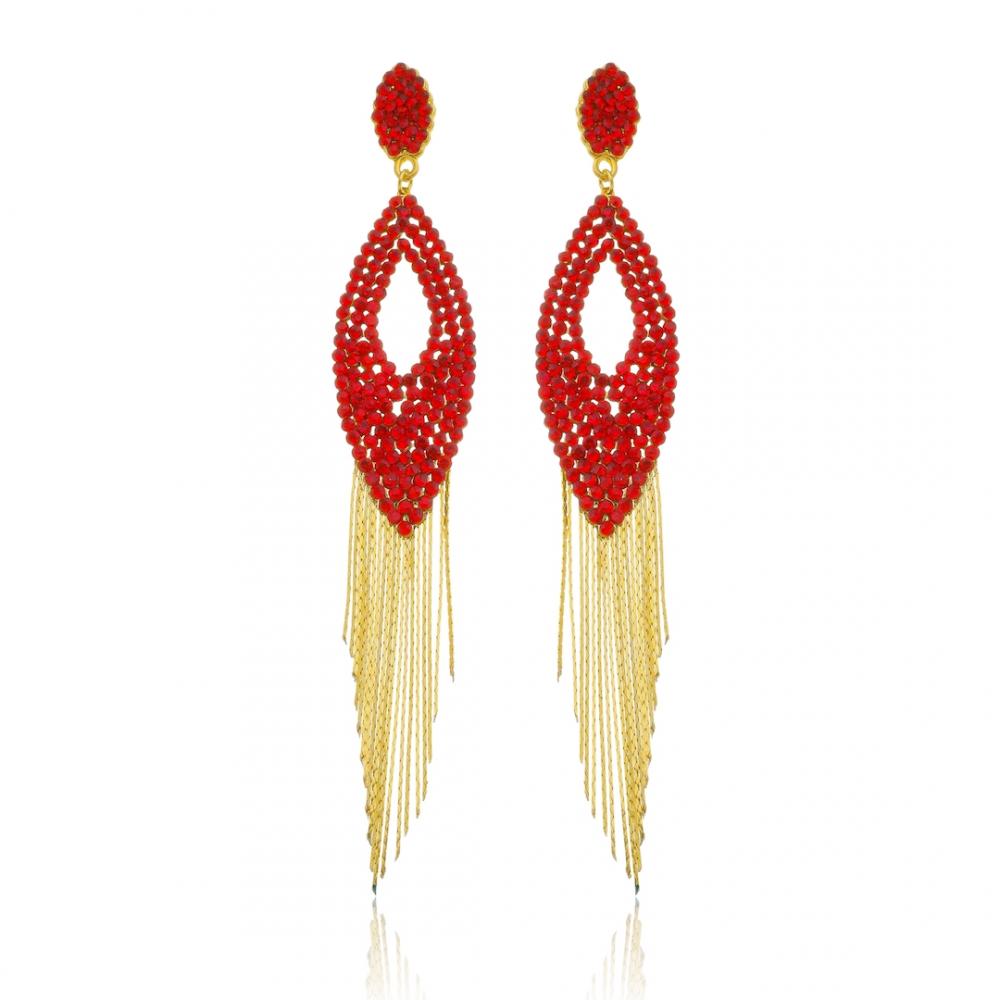 Brinco de strass com franja banhado a ouro 18k 