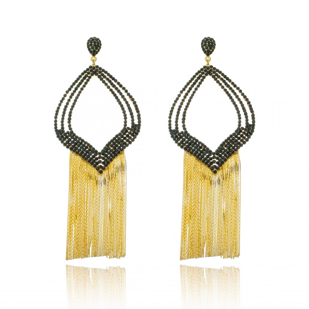 Brinco de strass com franja banhado a ouro 18k 