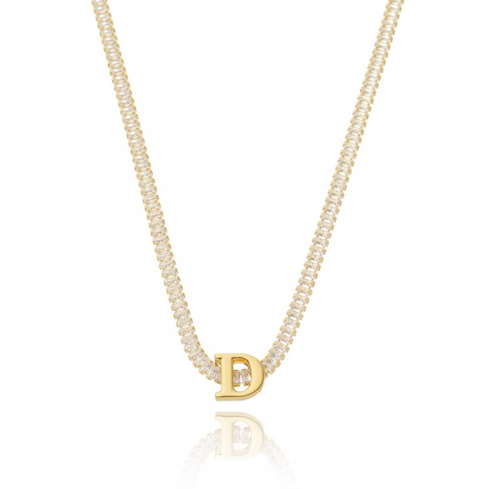 Choker Riveira baguete Tifhany cristal com letra personalizada banhada a ouro 18k