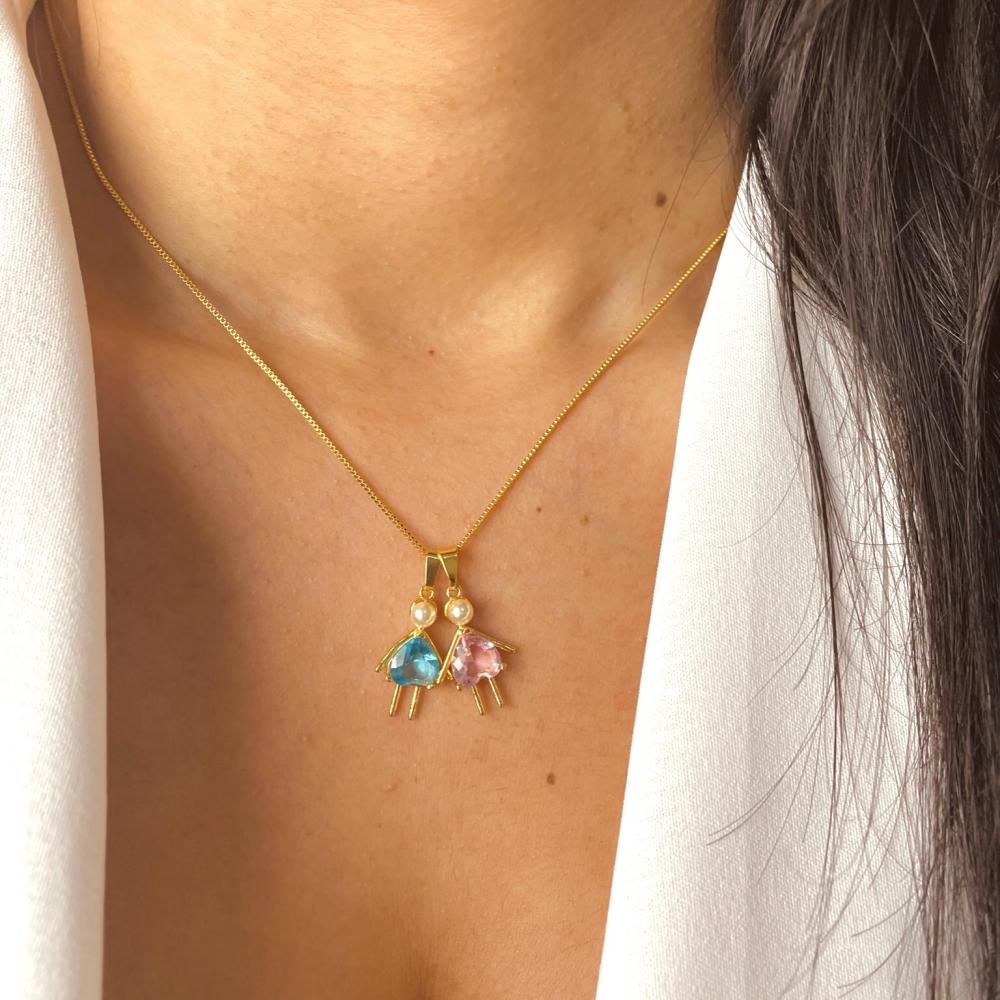 Colar filho com dois pingente em coração e pérola banhado a ouro 18k 