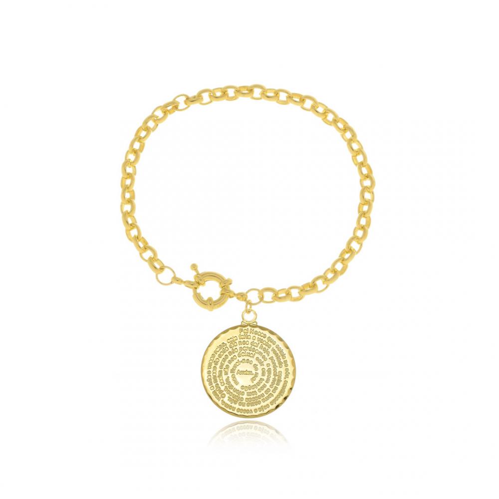 Pulseira Debora elo português com fecho boia e pingente de Pai Nosso banhada a ouro 18k 