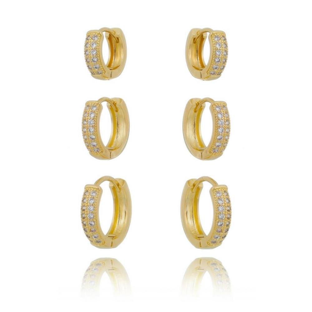Trio de argolas cravejados com zircônia banhado a ouro 18k