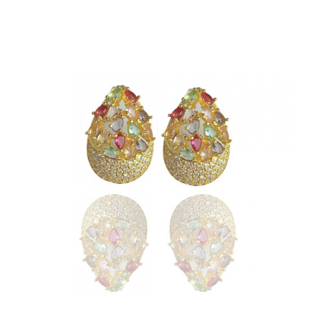 Brinco gota Naomi cravejado com zircônia colorida banhado a ouro 18k