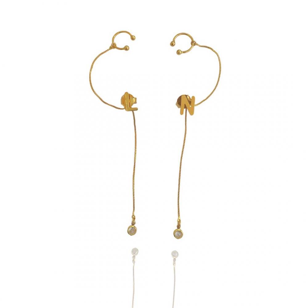 Brinco com inicial letra personalizado com earcuff e piercing fake banhado a ouro 18k