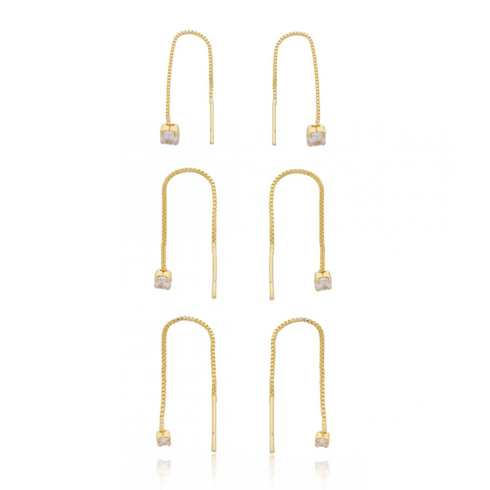 Trio de brinco Raissa fio passante com ponto de luz  banhado a ouro 18k 