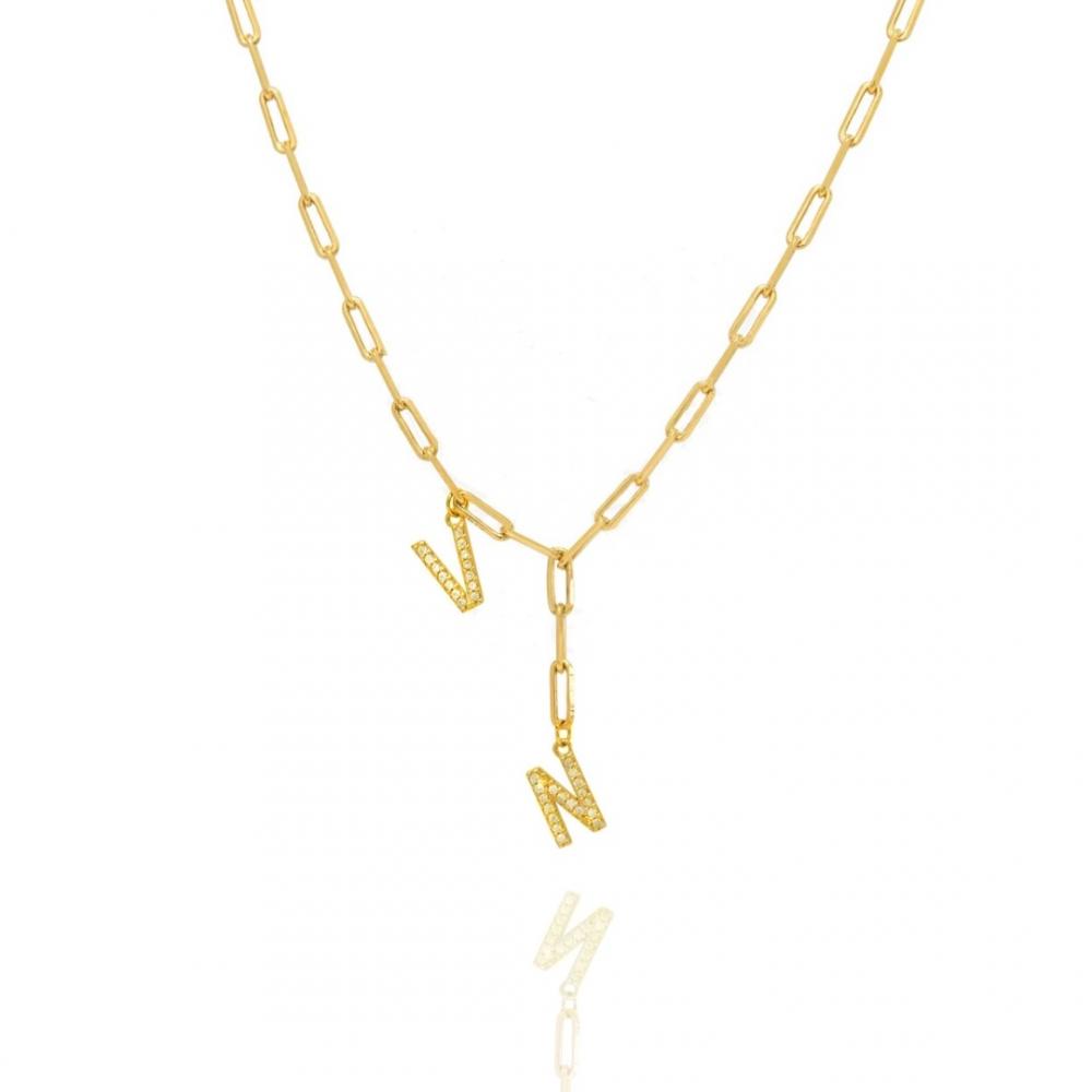 Colar gravata com letras cravejadas personalizado banhado a ouro 18k