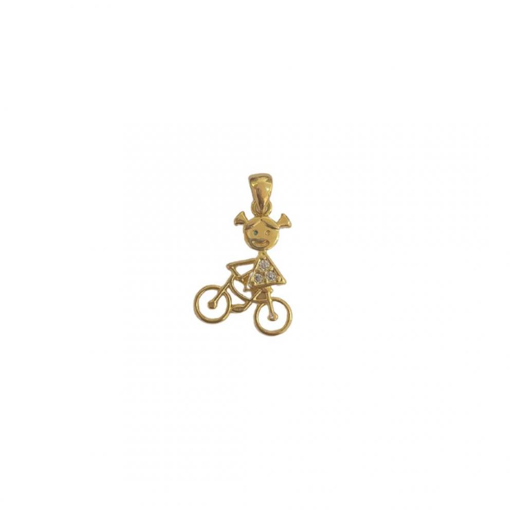 Pingente de menina em bicicleta banhado a ouro 18k