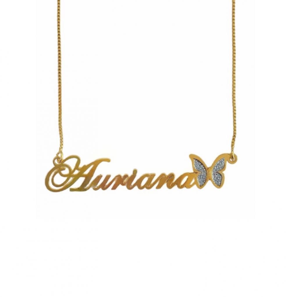 Colar com nome personalizado e borboleta banhado a ouro 18k e toque de ródio branco 