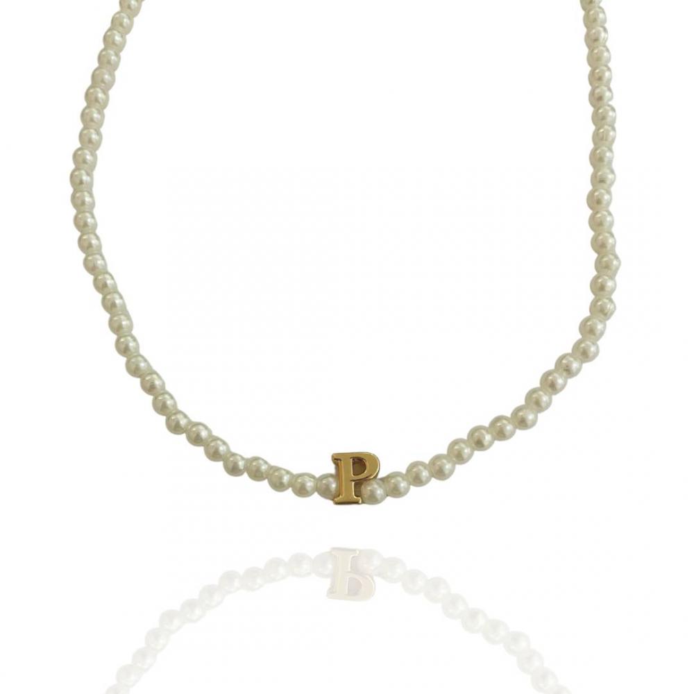 Colar perola com letra personalizada banhado a ouro 18k