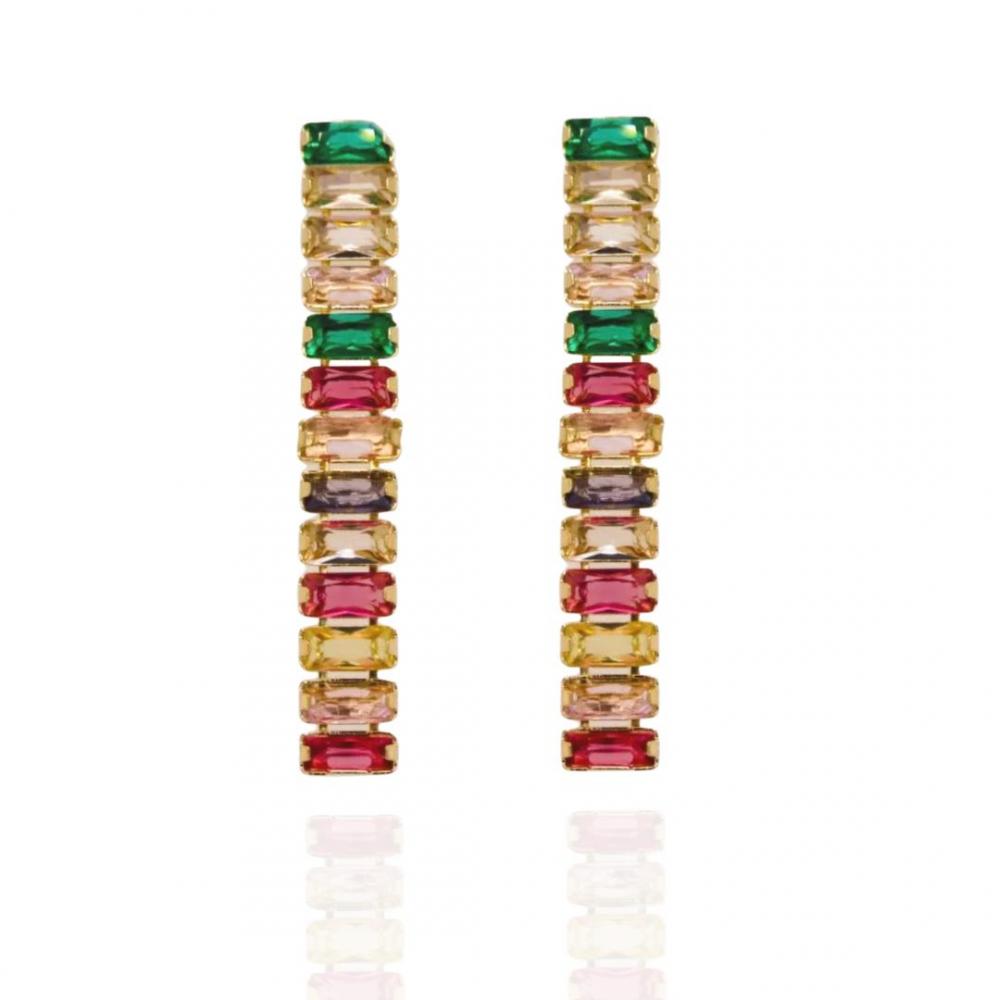 Brinco Karla baguete riviera carre colorido banhada a ouro 18k