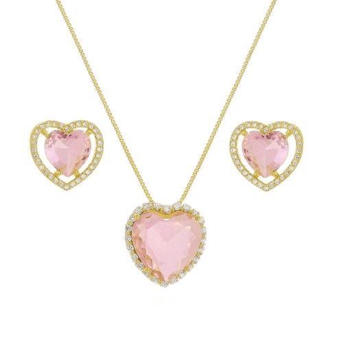 Conjunto de coração cravejado com zircônia Helena banhado a ouro 18k 