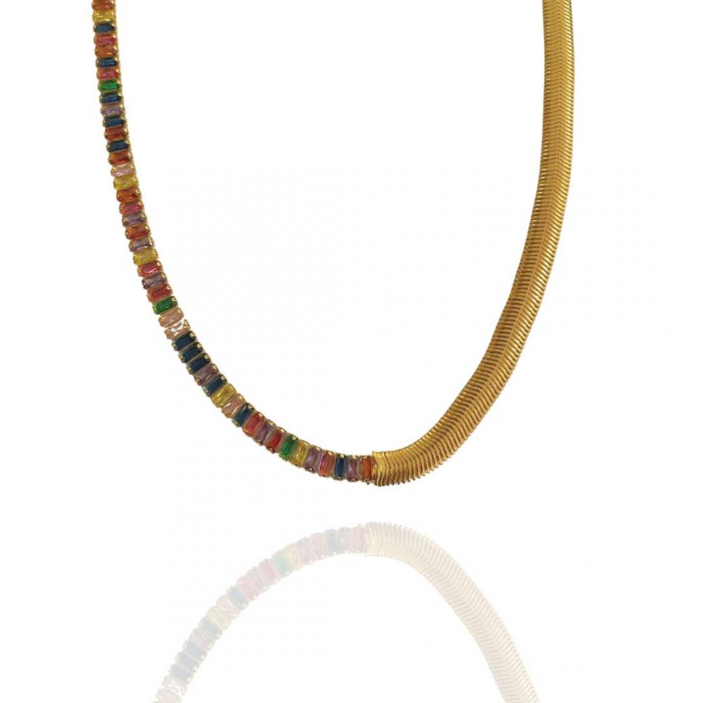 Colar de malha tassia com riviera carre colorida banhado a ouro 18k