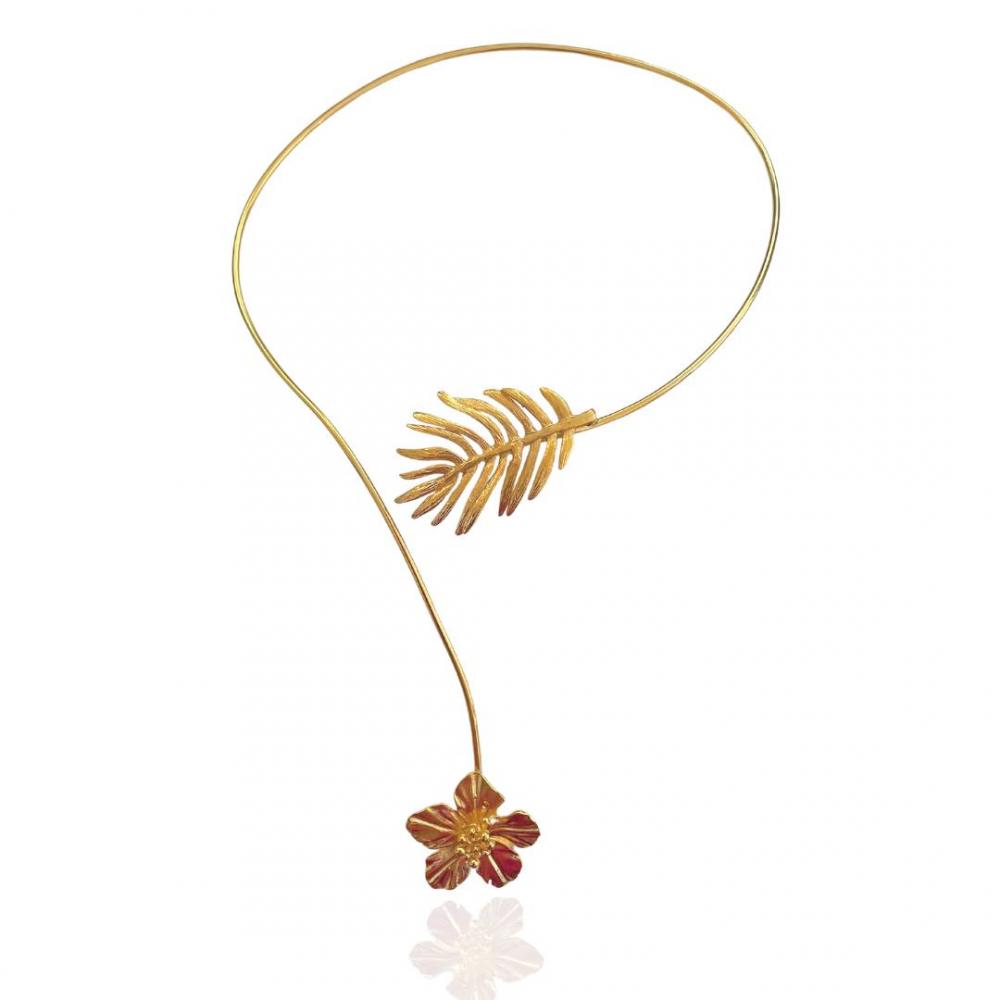 Choker de aro com flor e folha Hanna banhada a ouro 18k