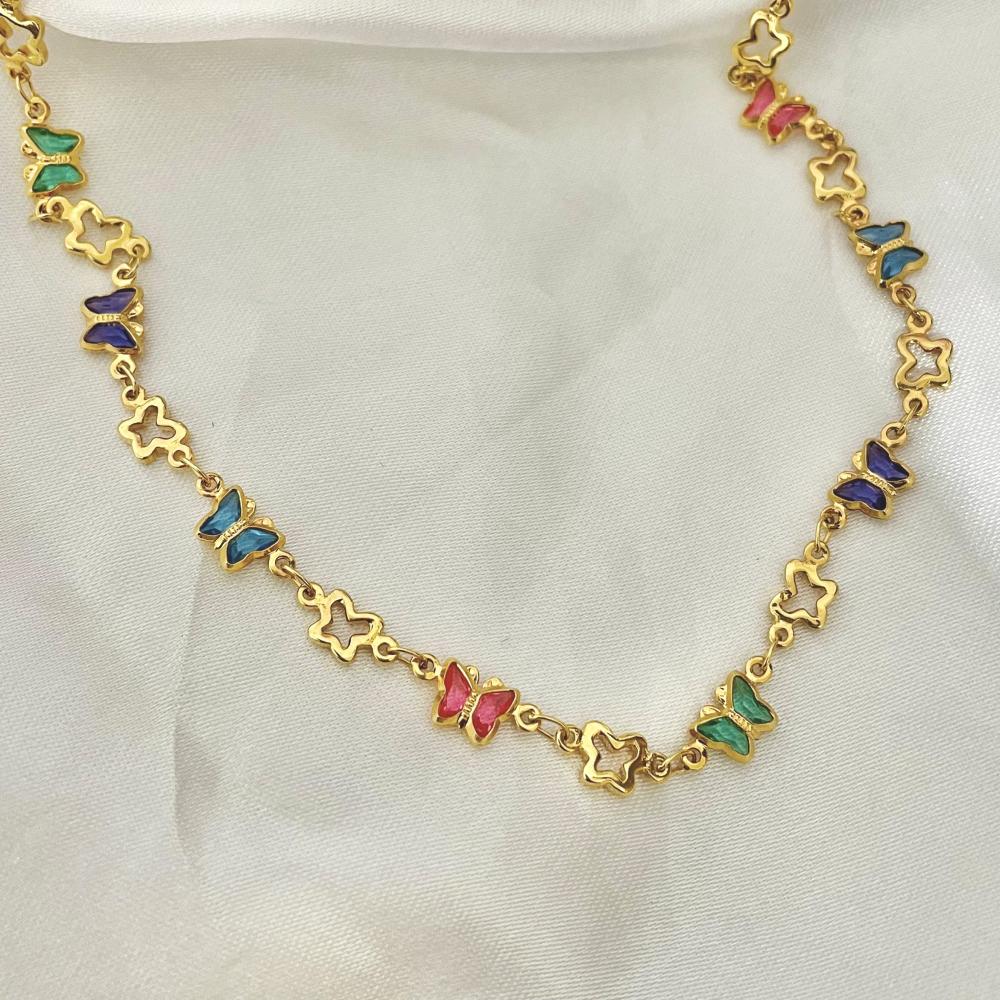 Pulseira infantil de borboletas coloridas banhado a ouro 18k